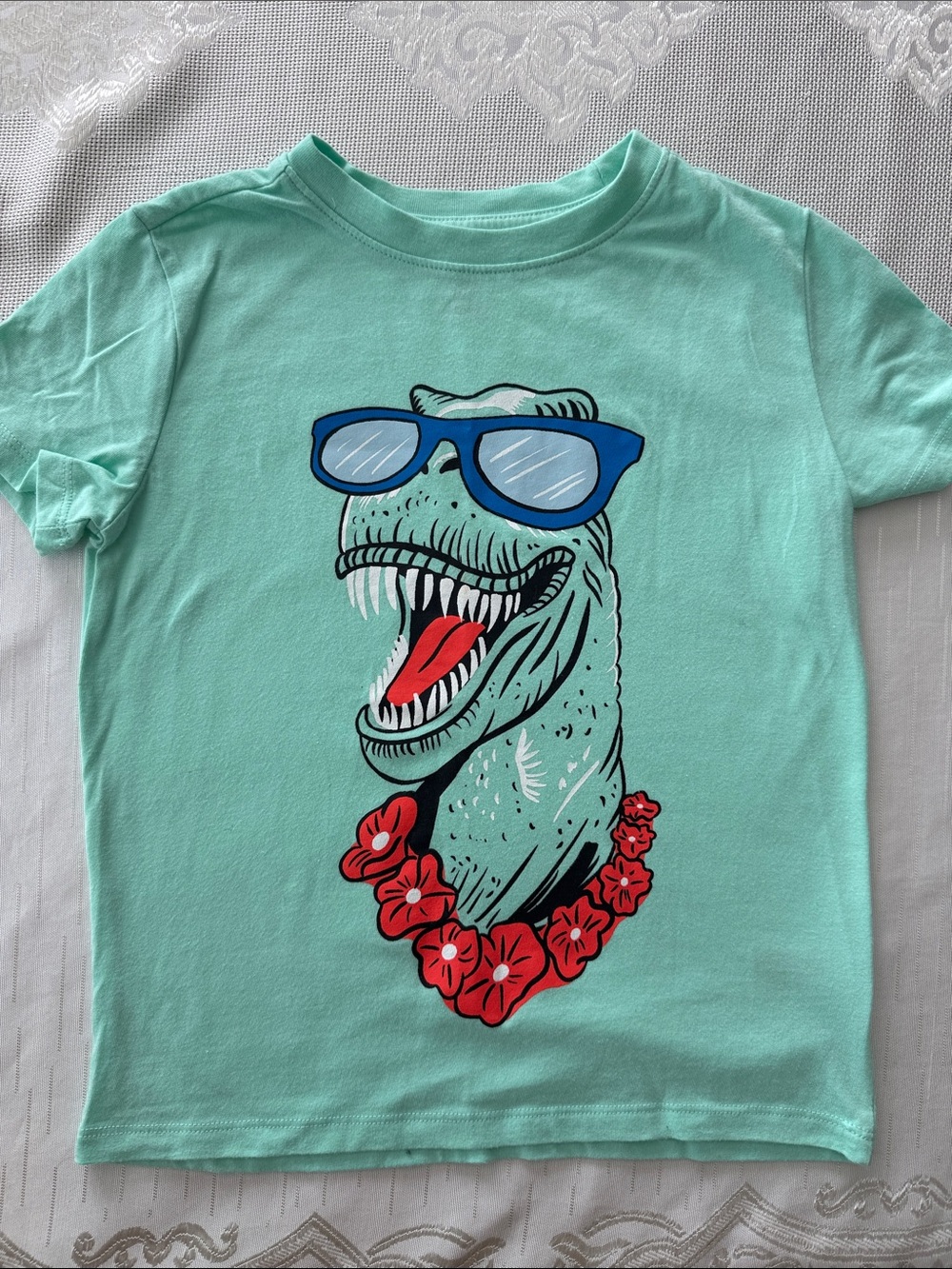 Cat & Jack Mint Green Dino Tee with Blue Sunglasses and Red Lei